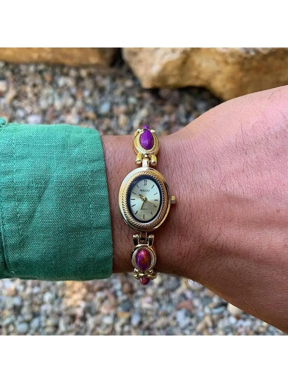 Y2k style Dainty cute Gold style tone quartz watch with purple jade stone opal